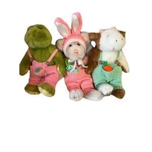 Vintage Hugfun Plush Easter Set Cow, Frog And Bear In Overalls Rare 9" Y2K